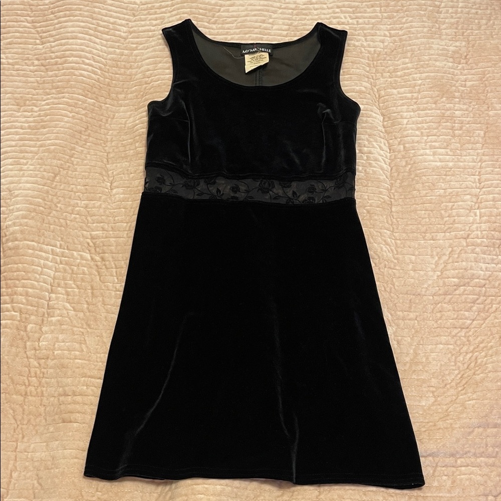 90s Black Velvet Mini Dress with Roses Mesh - Picture 2 of 7